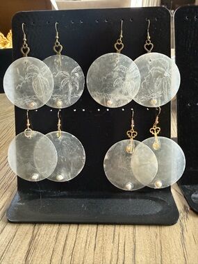 Handcrafted capiz shell engraved Beach Scene hypoallergenic Earrings 4 pairs